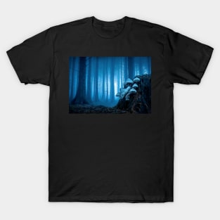 Blue Misty Forest View with Mushrooms T-Shirt